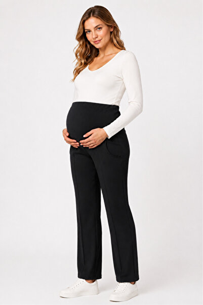 İmaj 394 Black Color Modal Adjustable High Waist Maternity Palazzo Pants