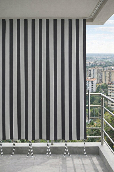 MRC Tekstil Antrasit-Gri balkon perdesi kornişli bağcıklı su geçirmez dış mek...