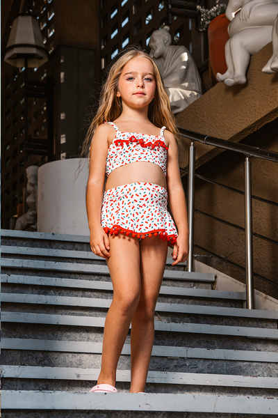 Banamio Gwen Cherry Patterned Pompom Detailed Strap Girls' Swimsuit Bikini Set