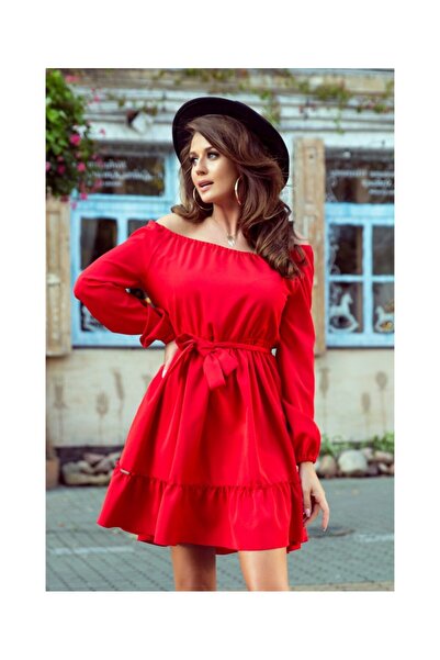 Voguet Rochie roșie cu volane și mâneci lungi