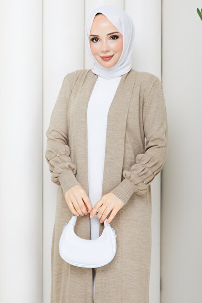Pamuk Butik Women's Knitwear Cardigan with Stone-Embellished Sleeves and Pockets