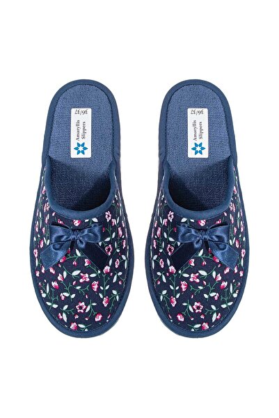 Amaryllis Slippers Γυναικεία μπλε παντόφλα με λουλούδια, ελληνικής κατασκευής.