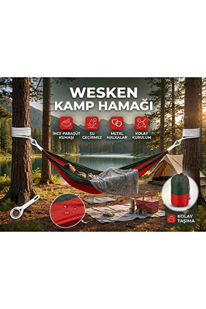 wesken Premium Kamp Hamağı - Çift Renkli Paraşüt Kumaşı, Dayanıklı Metal Halk...