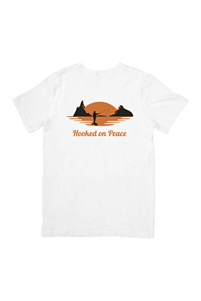 Hooked On Peace Fishing Club Unisex Premium Penye Balıkçı Tasarım Tişört