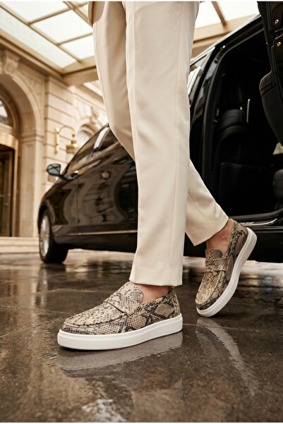 EPTC Men's Beige Black Snake Patterned Genuine Leather Loafer Sneaker White S...