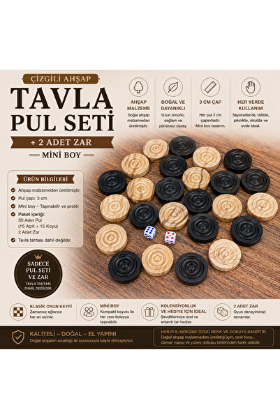 İki Yedi Konsept Çizgili Ahşap Tavla Pul Seti 3 cm Doğal Ahşap 30 Adet + 2 Za...