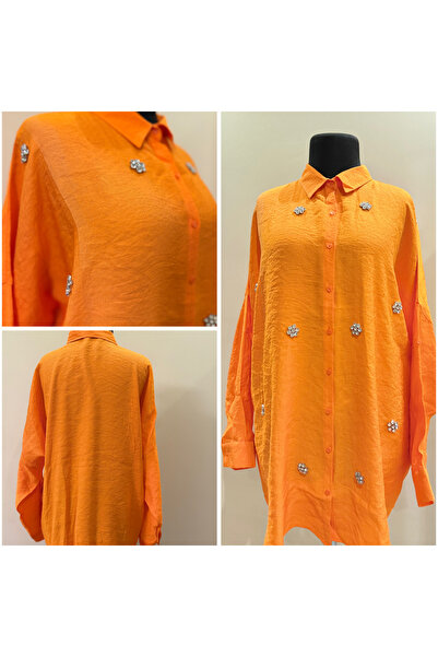 ASLI LUXURY BOUTIQUE Taş Detaylı Oversize Keten Gömlek