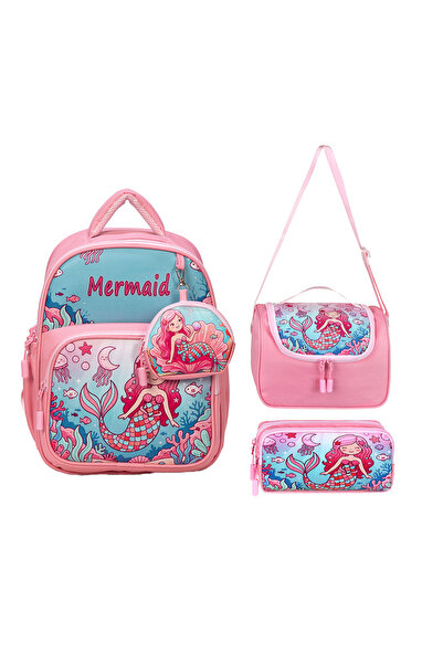 WMİLANO Set of 3 Leather Printed Mermaid Girls Nursery Kindergarten Bag and L...