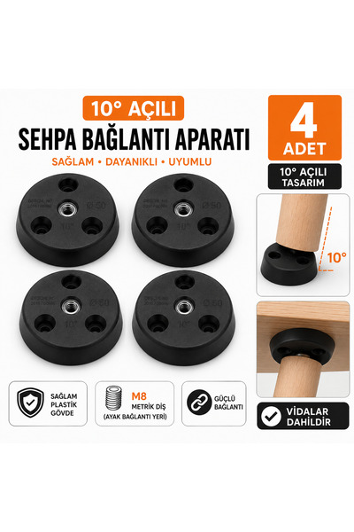 Genel Markalar 10° Açılı Ahşap Sehpa Ayağı Bağlantı Aparatı M8 Dişli 4’lü Mob...