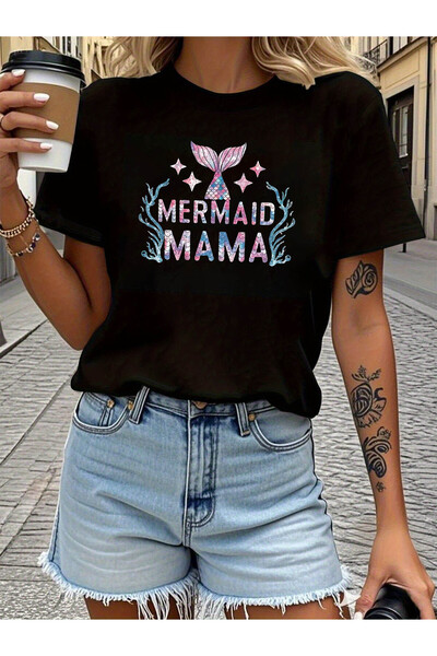 NOURAM تي شيرت نسائي مطبوع عليه Mermaid Mama برقبة دائرية وأكمام قصيرة للربيع...