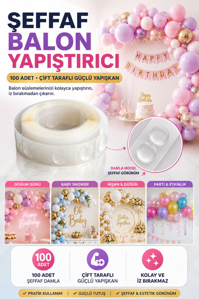 Hane Dostu Çift Taraflı Şeffaf Balon Yapıştırıcı Damla Sticker 100 Adet Balon...