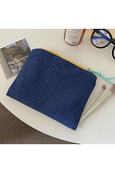 Choice Blue Large-Capacity Plaid Makeup Bag for Women Ins Style Portable Cosm...