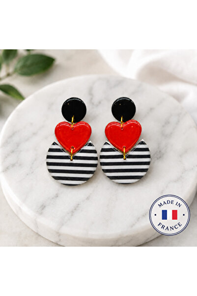 SUNKRIS Cercei CUORE MARIN – Inimă Roșie și Dungi Navy Handmade