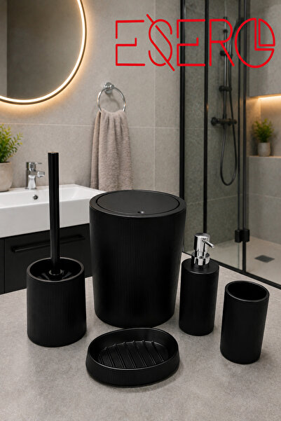 ESERO Mat Siyah 5'li Banyo Aksesuar Seti – Modern Çizgili Tasarım | Çöp Kovas...