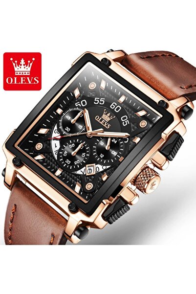 Choice1 Rose Black OLEVS 9919 Men Watch Fashion Square Dial Leather Strap Chr...