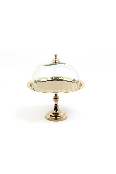 LAMEDORE Optik Cam Yuvarlak Gold Ayaklı Kek Standı Fanuslu 28,5x28,5x35 cm – ...