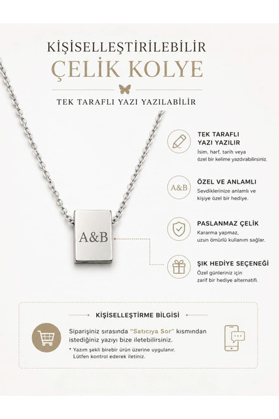 Satürn Silver Kuyumculuk Kare İsim Yazılır Çelik Kolye Minimal
