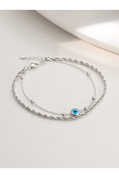 Satürn Silver Kuyumculuk Çelik Nazar Boncuğu Detaylı Gümüş Bileklik