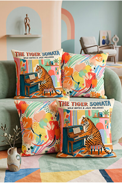 Artvibe Set de 4 huse de pernă cu model Kaplan Piano, husă de pernă decorativ...