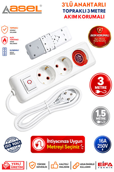 Asel 3'lü 3 Metre Anahtarlı Topraklı Grup Priz (Çoklu Priz) Uzatma Kablosu Ak...