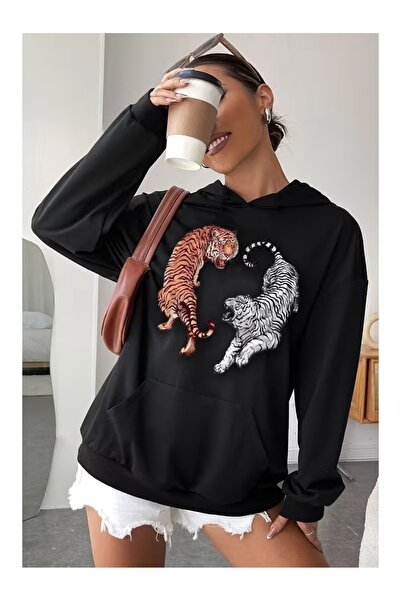 ZİYMO Women's Hooded Printed Relaxed Fit Sweatshirt