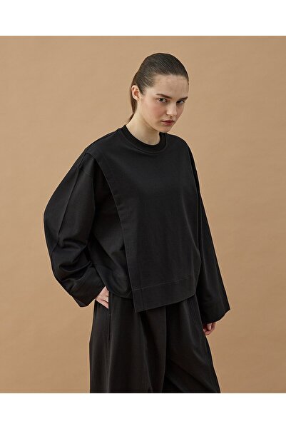 Aybikestil Cotton İki İplik Önü Yırtmaçlı Bluz Siyah