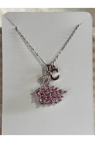 bijoux uniques 316L Steel Pink Zircon Stone Swan Letter C Necklace