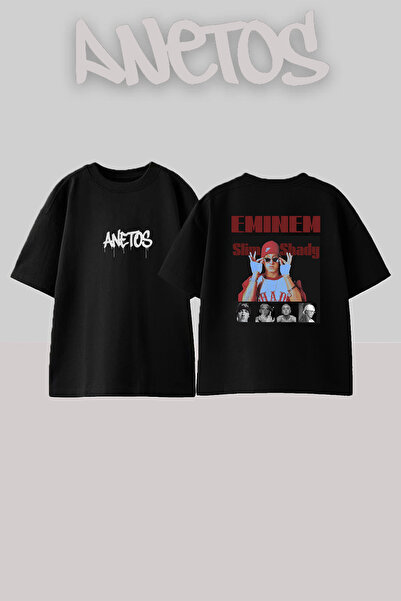 Anetos Μπλουζάκι Eminem Slim Shady_21 με στάμπα σε μεγάλο μέγεθος, μαύρο χρώμα