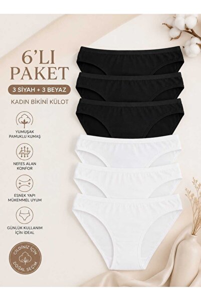 Tutku Women's Black-White 6-Pack Cotton Bikini Panties Daily Comfort (3 Black...