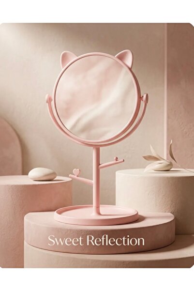 Homeland Makeup Mirror with Cat Ear Jewelry Stand – Pink & White - 15cm X 30cm