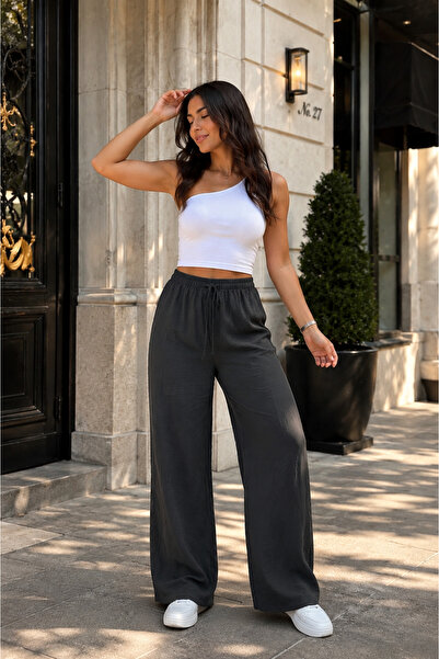 Avero Women's Elastic Waist Lace-Up Wide-Leg Tan Ayrobin Pants - Summer Sweat...