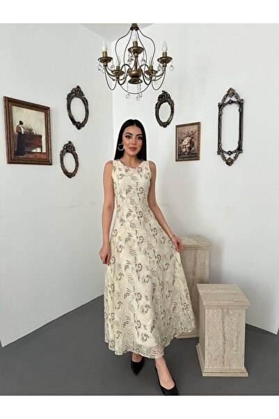 asyadabutik Rochie lungă de damă cu broderie cu detalii cup.