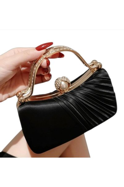 Generic Brand Black Satin Sequined Evening Dress Bag with Zircon Stones