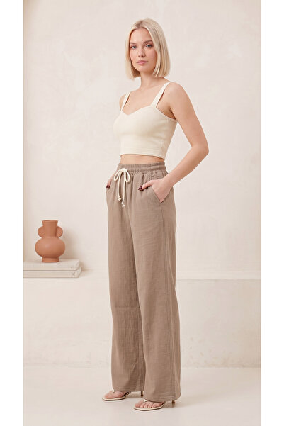 Zenvia Beige Women's Muslin Palazzo Sweatpants High Waist Wide Leg