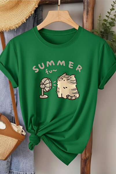l'eivor Γυναικείο βαμβακερό μπλουζάκι Summer Fan Cat με στάμπα