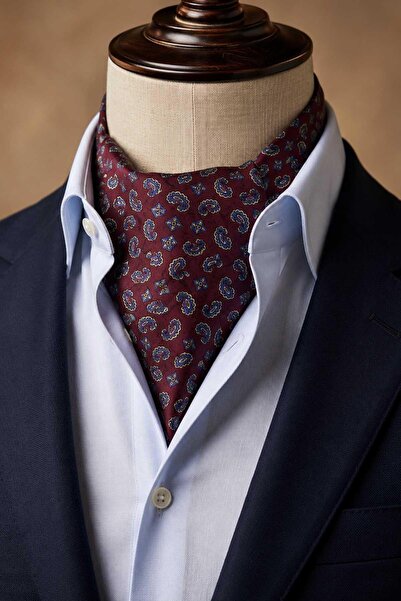 Kravatkolik Burgundy Blue Shawl Pattern Italian Silk Ascot Tie Sac116