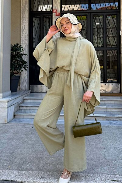 Modaensarbutik Asimetrik Yarasa Kol Bağlamalı Panço Pantolon Takım-ÇAĞLA YEŞİLİ