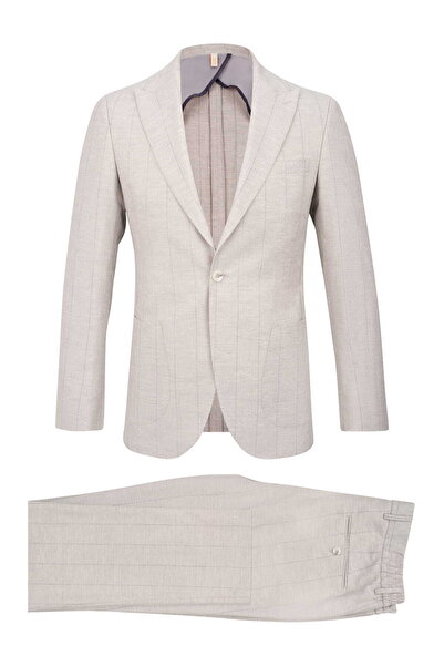 Hatemoğlu Gri Slim Fit Çizgili Sivri Yaka Keten Casual Takım Elbise