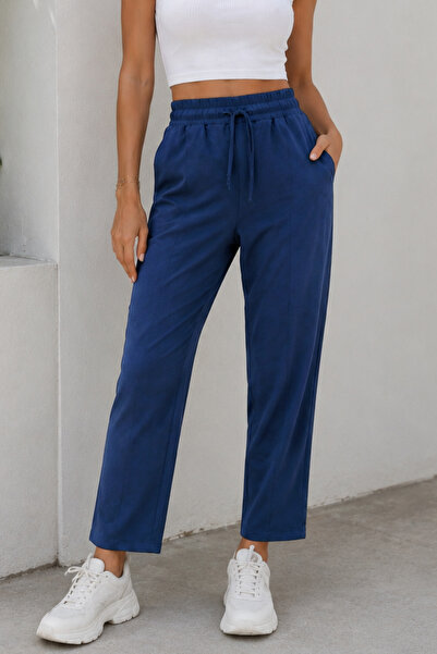 Rich Women's Indigo Woven Carrot Pants with Elastic Waist