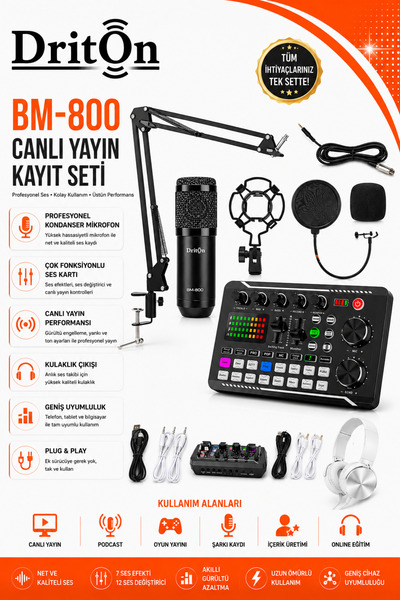 DRİTON BM-800 + F998 SİYAH PODCAST TİKTOK YOUTUBE YAYINCI CONDENSER MİKROFON ...