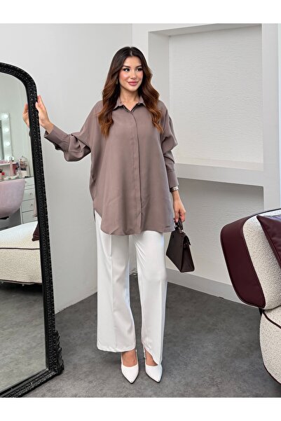 MiraMore Butik قميص نسائي طويل بأزرار مخفية ومقاس كبير