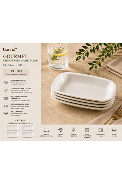 Bonnami Bonna Gourmet Rectangular Kayık Plate Set of 4 / 20X17 cm White Porce...