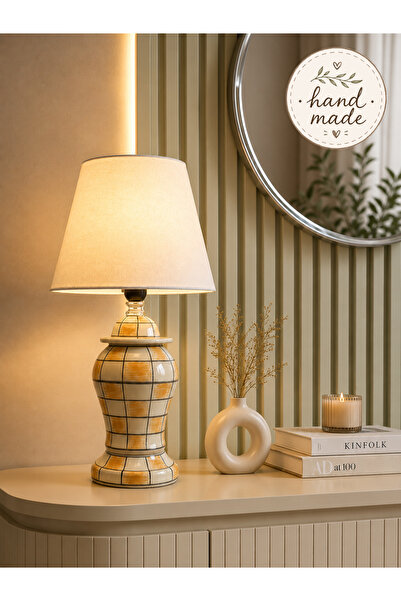 daiza home Dekoratif Hand Made El İşi Şah Küp Kapaklı Abajur Damalı Kahvereng...