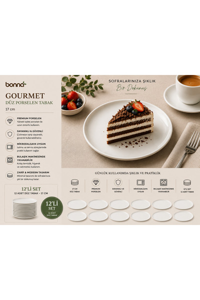 Bonnami Bonna Gourmet Flat Porcelain Plate / 17 cm White Porcelain Dessert, C...