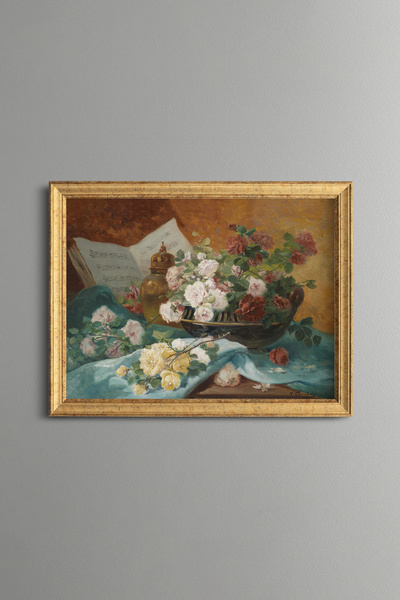 epiqart Still Life with Roses in a Vase - Vintage Patterned Painting - Fine M...