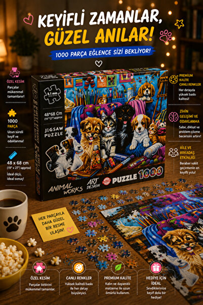 Gargamel 1000 Parça Animal Works Puzzle-Sevimli Kedi ve Köpekler |48x68| 2.1m...