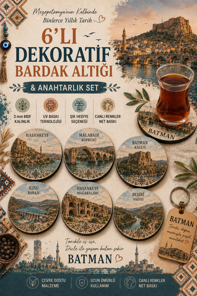 HERALDİS 6-Piece Wooden Uv Printed Coasters Coffee Tea Set