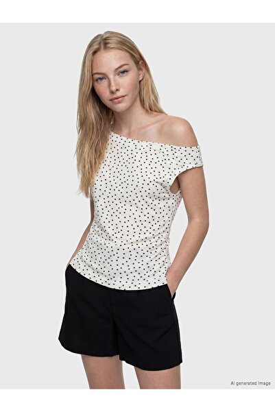 LC Waikiki Xside White Boat Neck Polka Dot Gathered Blouse