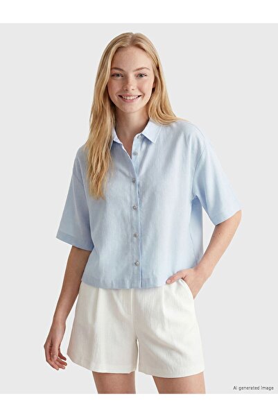 LC Waikiki Xside Blue Linen Blend Crop Women's Shirt
