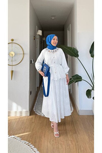 Nes Moda Kadın Yeni Sezon Nakış Detaylı Fisto Tunik Etek Takım Elbise